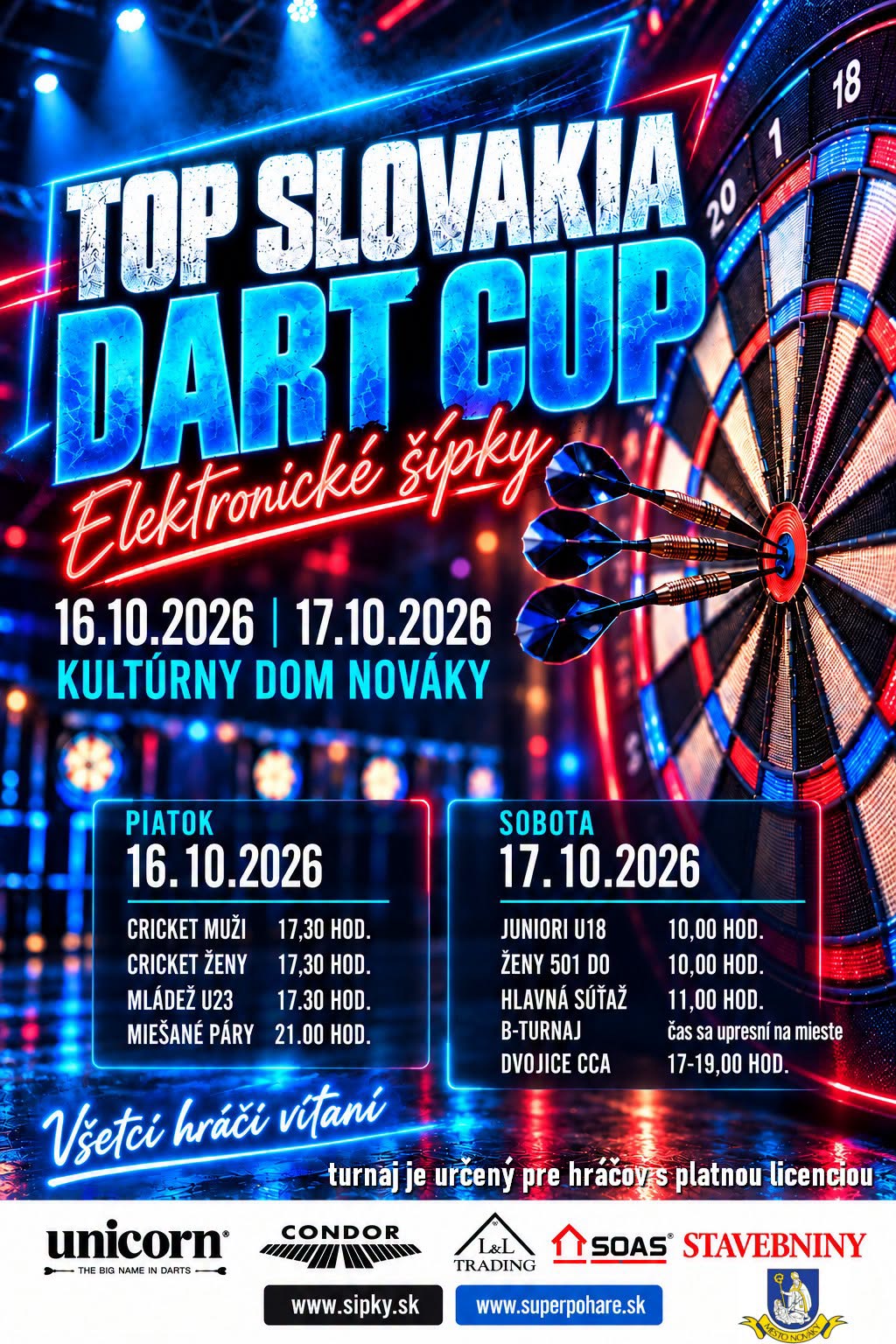 Oficiálny plagát TOP Slovakia Dart Cup Nováky, 16.–17. októbra 2026